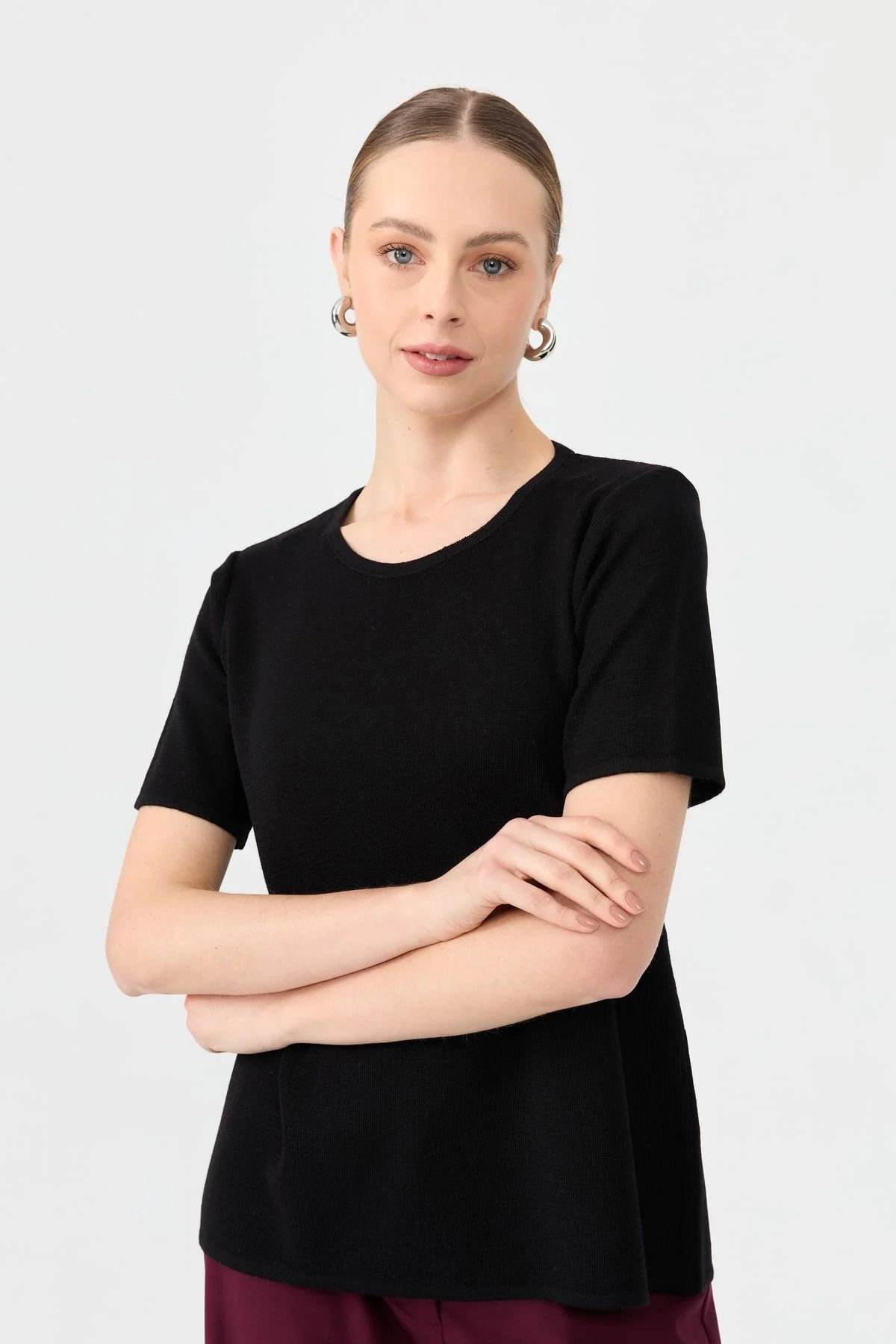 Desen Triko Kadın Sıfır Yaka Kısa Kollu Basic Yün Bluz 24112 Siyah - 2