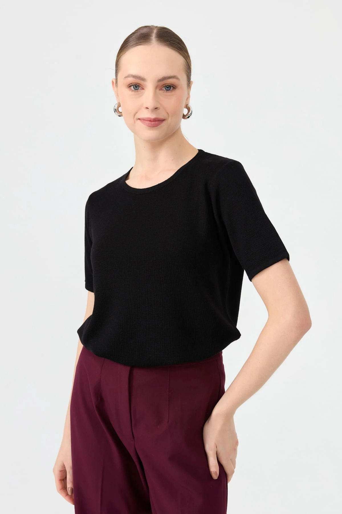 Desen Triko Kadın Sıfır Yaka Kısa Kollu Basic Yün Bluz 24112 Siyah - 3