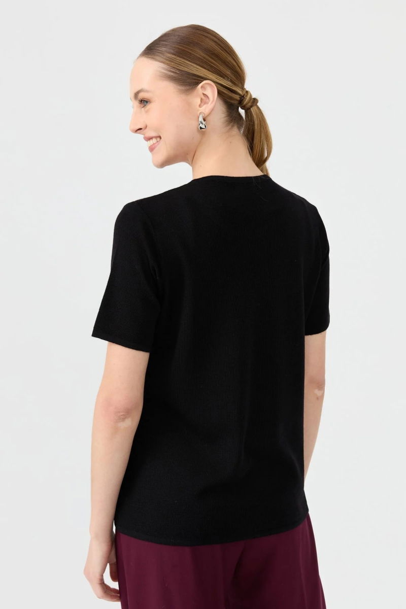 Desen Triko Kadın Sıfır Yaka Kısa Kollu Basic Yün Bluz 24112 Siyah - 4