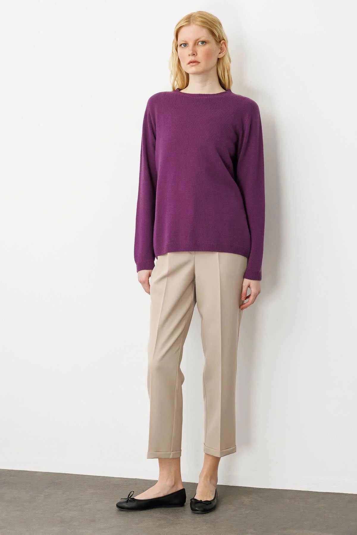 Desen Triko Kadın Sıfır Yaka Klasik Yün Kazak 23163 A.Mor - 2