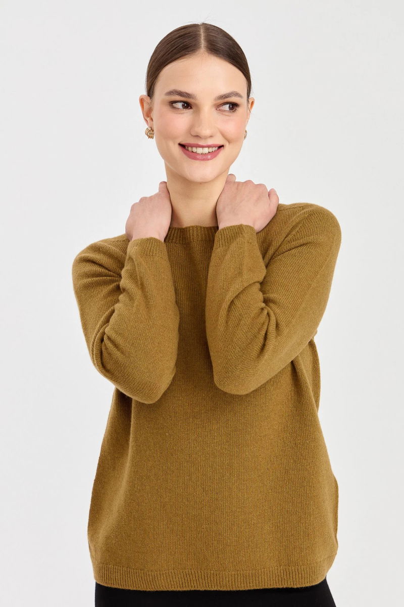 Desen Triko Kadın Sıfır Yaka Klasik Yün Kazak 23163 Haki - Desen Triko