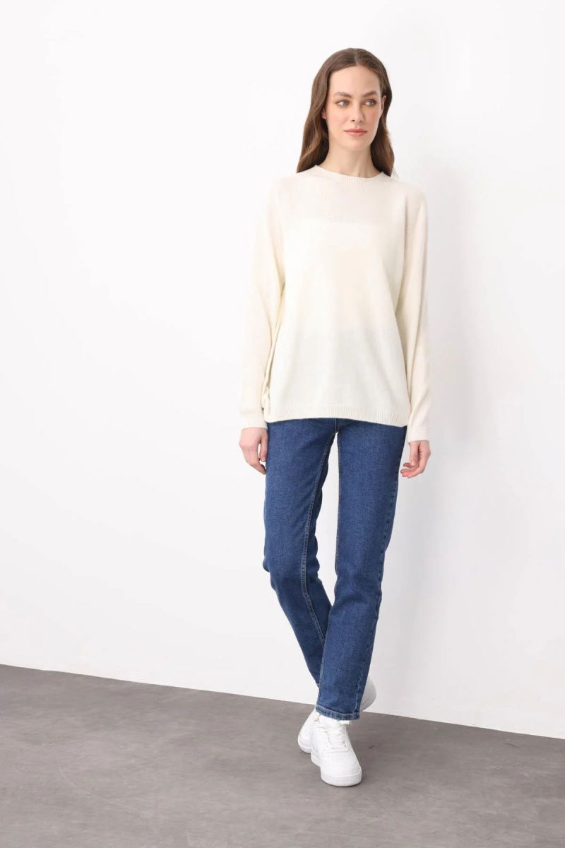 Desen Triko Kadın Sıfır Yaka Klasik Yün Kazak 23163 Kemik - 2