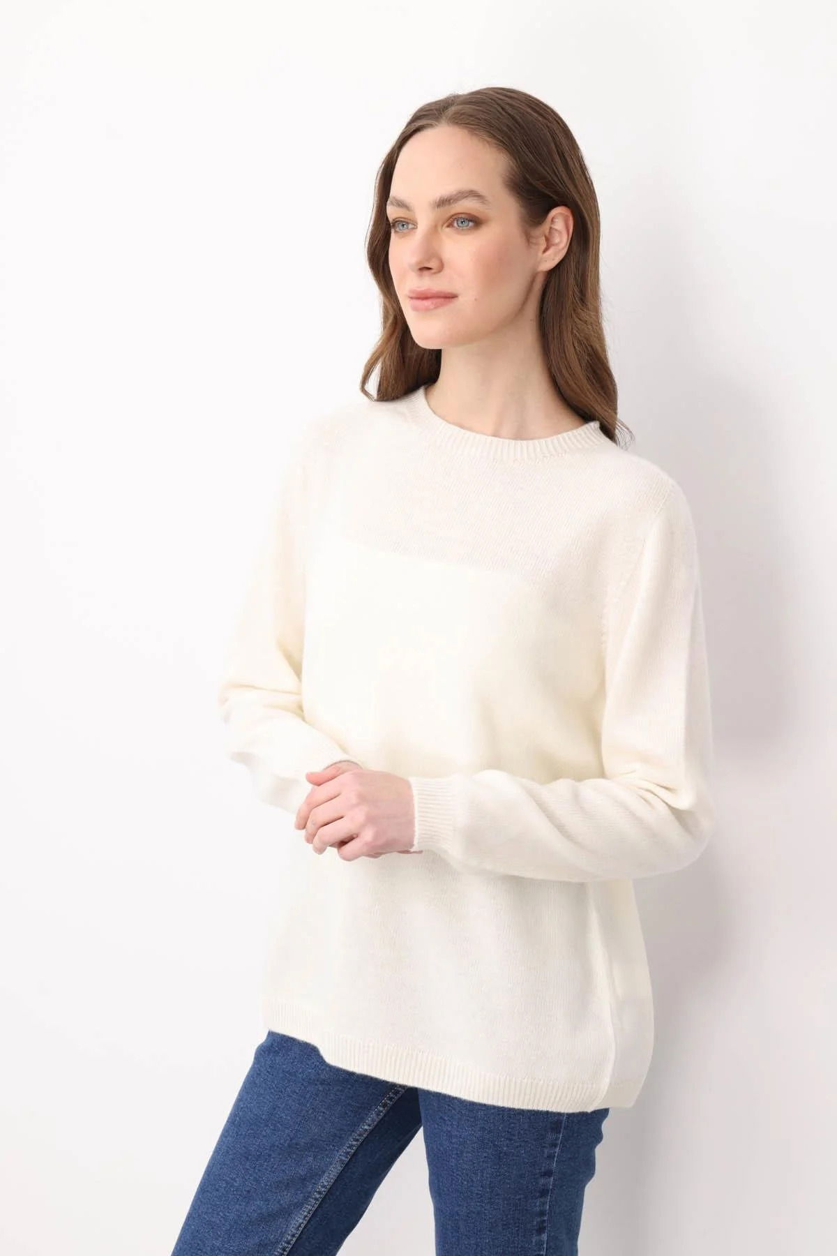 Desen Triko Kadın Sıfır Yaka Klasik Yün Kazak 23163 Kemik - 3