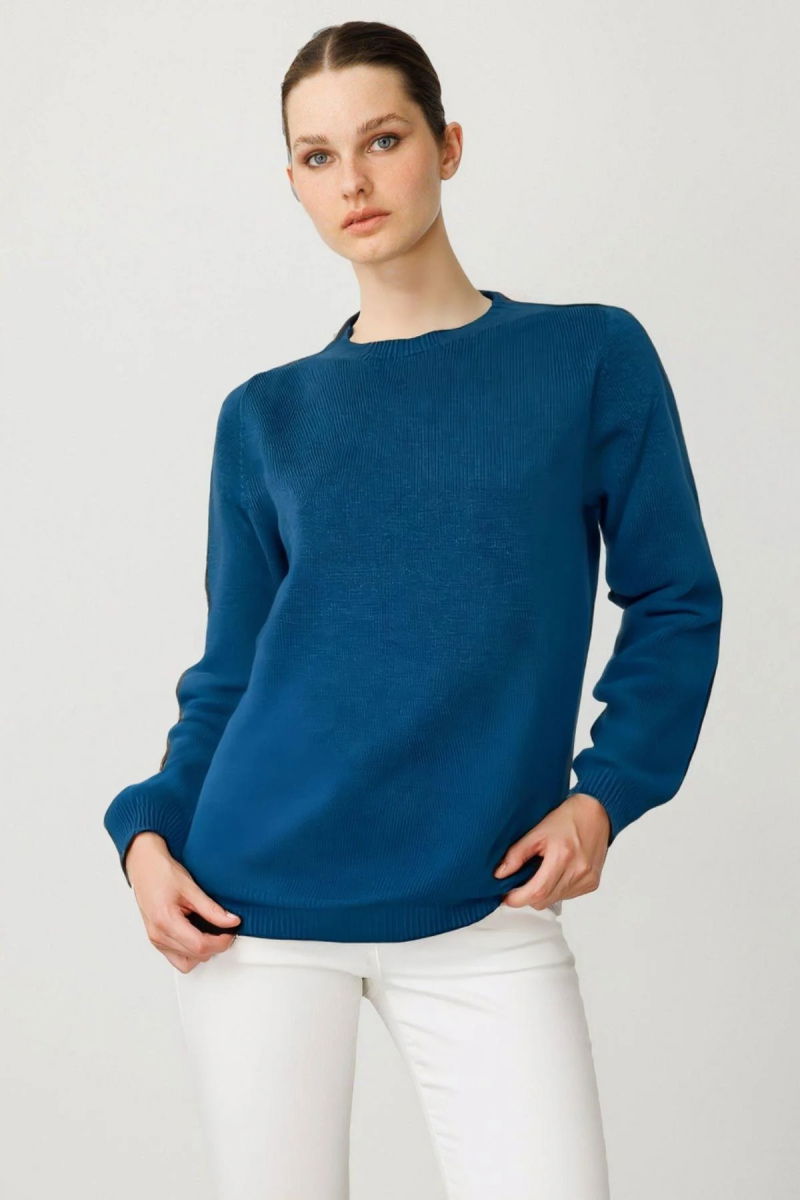 Desen Triko Kadın Sıfır Yaka Klasik Yün Kazak 23163 K.Petrol - Desen Triko