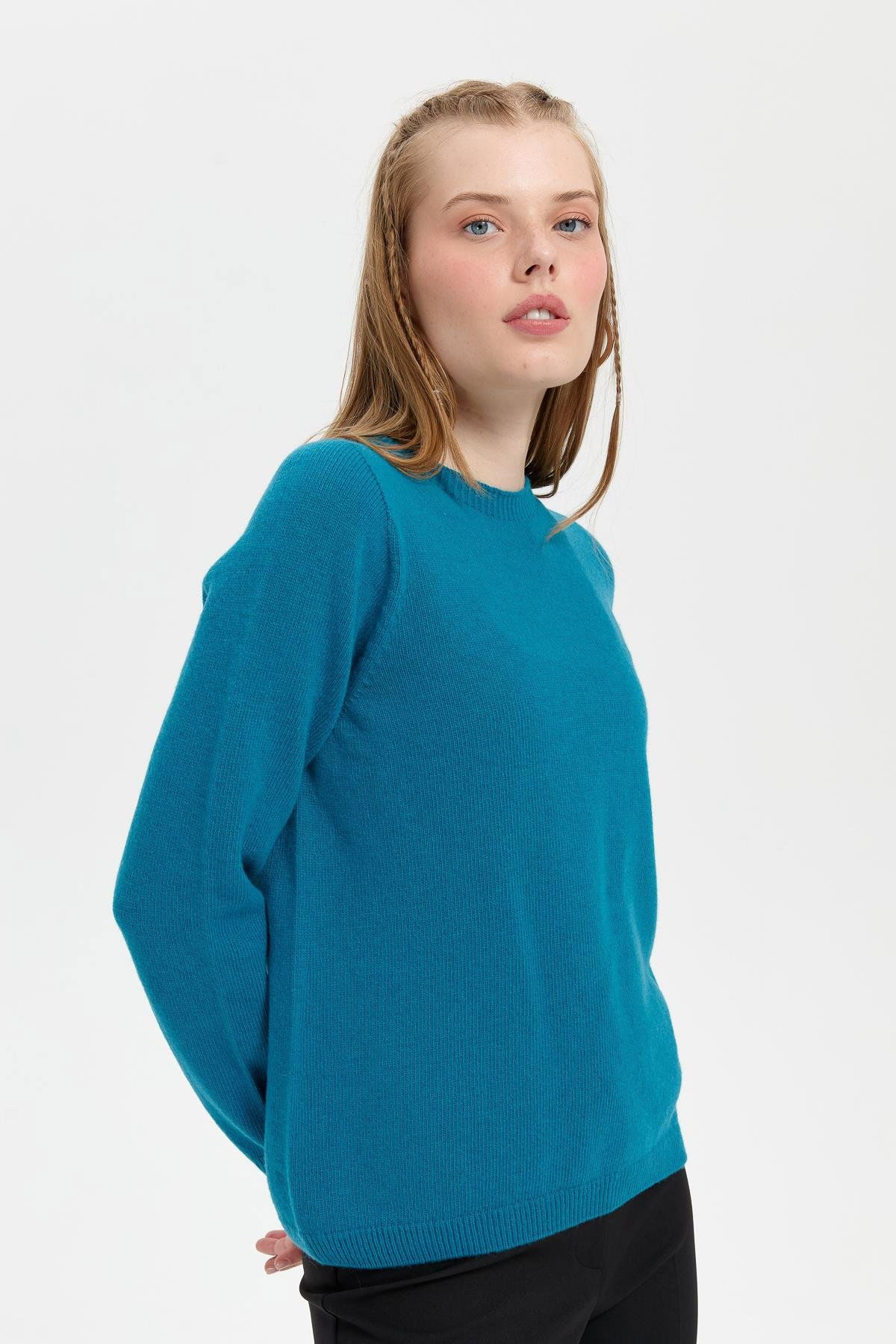 Desen Triko Kadın Sıfır Yaka Klasik Yün Kazak 23163 Petrol - 1