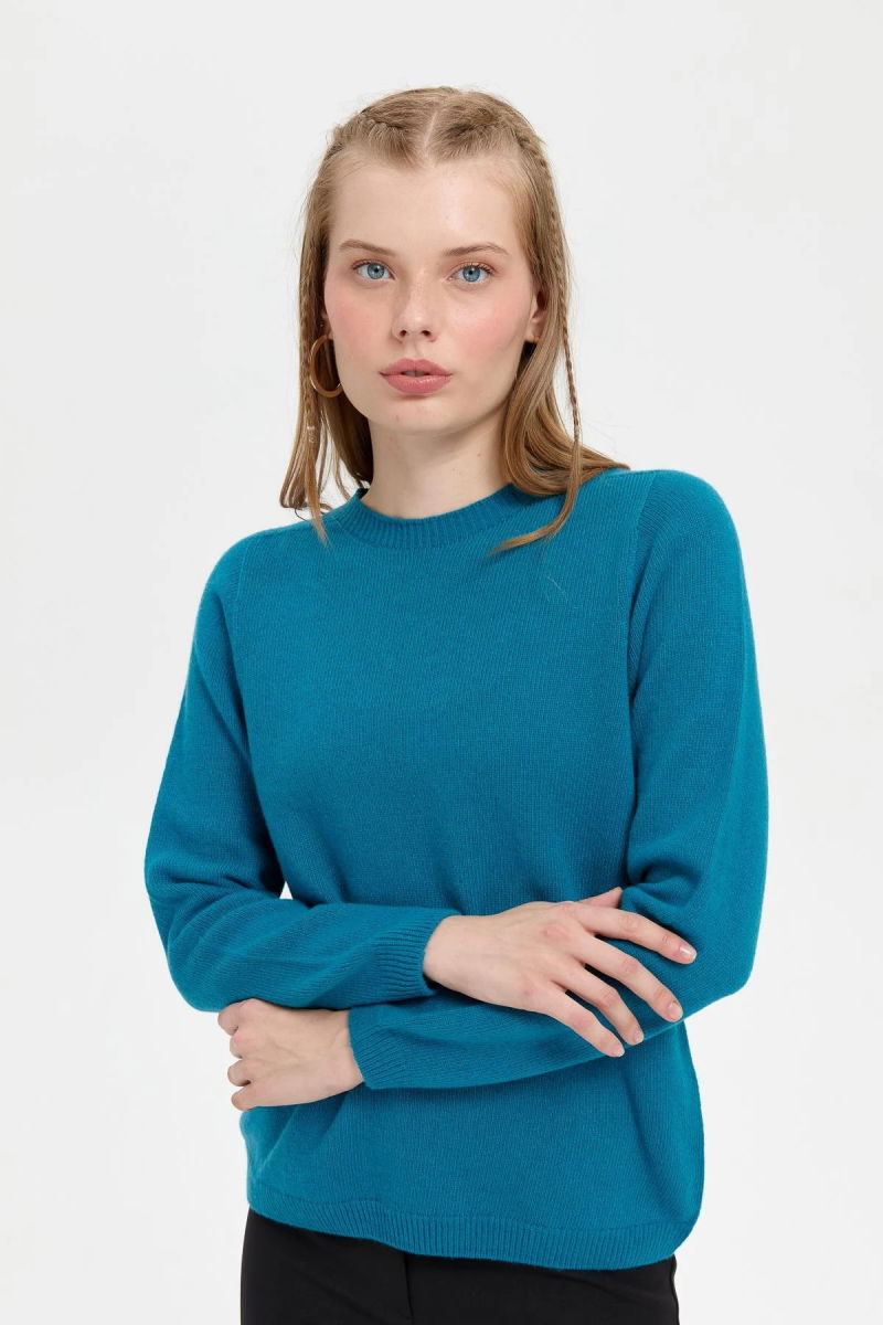 Desen Triko Kadın Sıfır Yaka Klasik Yün Kazak 23163 Petrol - 2