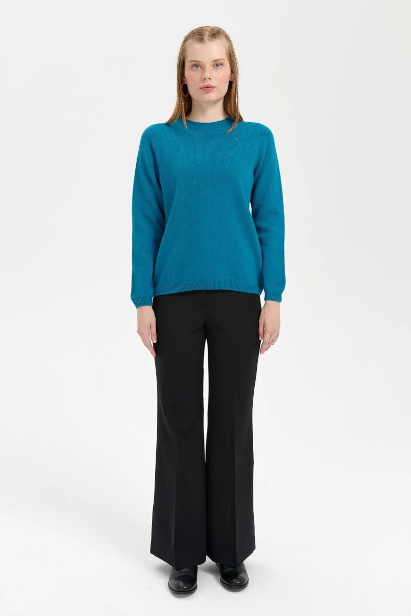 Desen Triko Kadın Sıfır Yaka Klasik Yün Kazak 23163 Petrol - 3