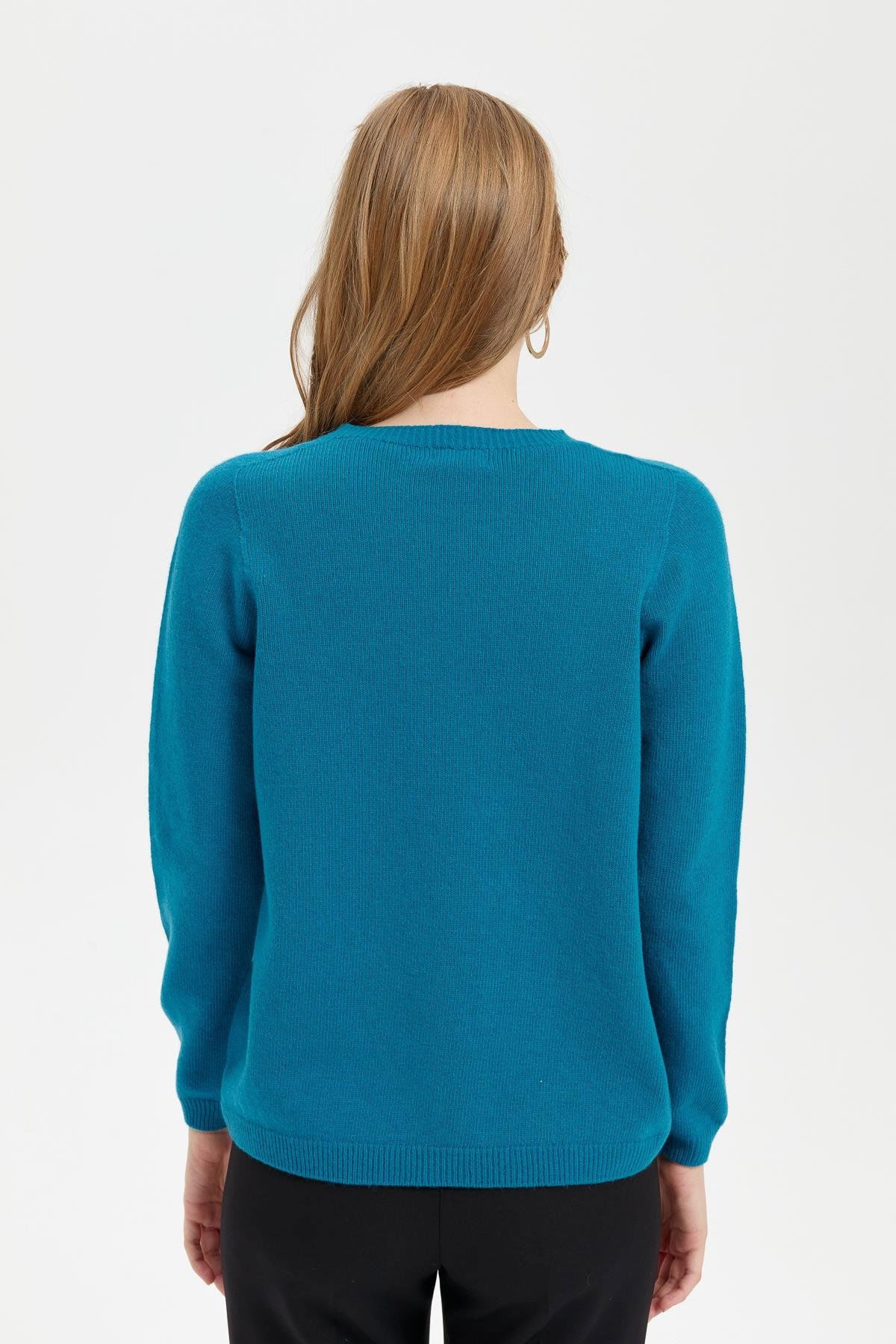 Desen Triko Kadın Sıfır Yaka Klasik Yün Kazak 23163 Petrol - 4