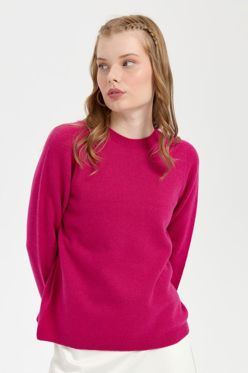 Desen Triko Kadın Sıfır Yaka Klasik Yün Kazak 23163 Sıklamen - Desen Triko