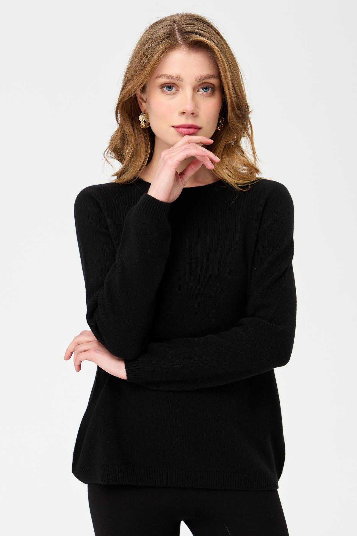 Desen Triko Kadın Sıfır Yaka Klasik Yün Kazak 23163 Siyah - 1