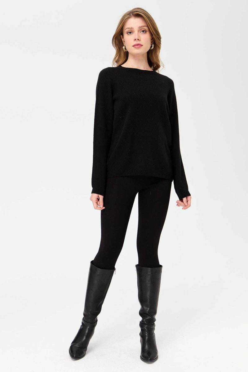 Desen Triko Kadın Sıfır Yaka Klasik Yün Kazak 23163 Siyah - 2