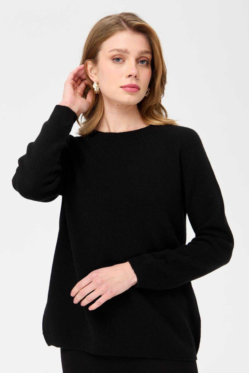 Desen Triko Kadın Sıfır Yaka Klasik Yün Kazak 23163 Siyah - 3