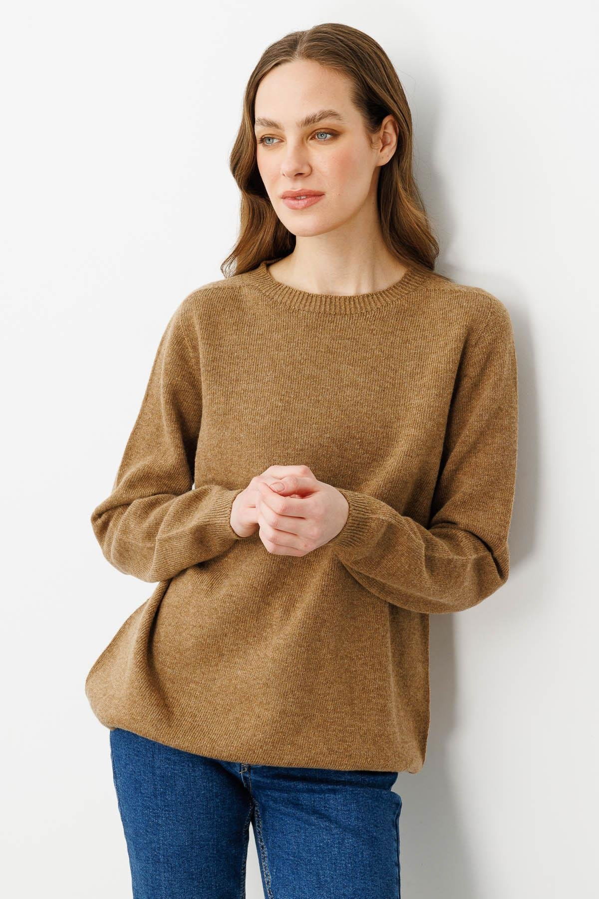 Desen Triko Kadın Sıfır Yaka Klasik Yün Kazak 23163 V. Camel - 1