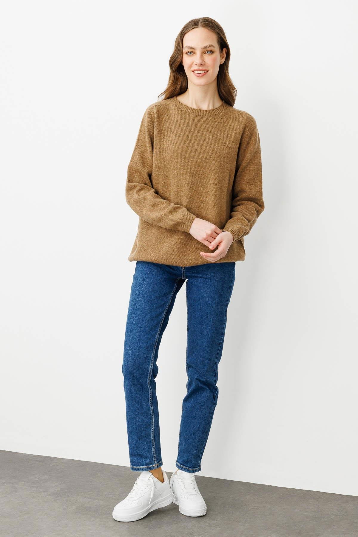 Desen Triko Kadın Sıfır Yaka Klasik Yün Kazak 23163 V. Camel - 2