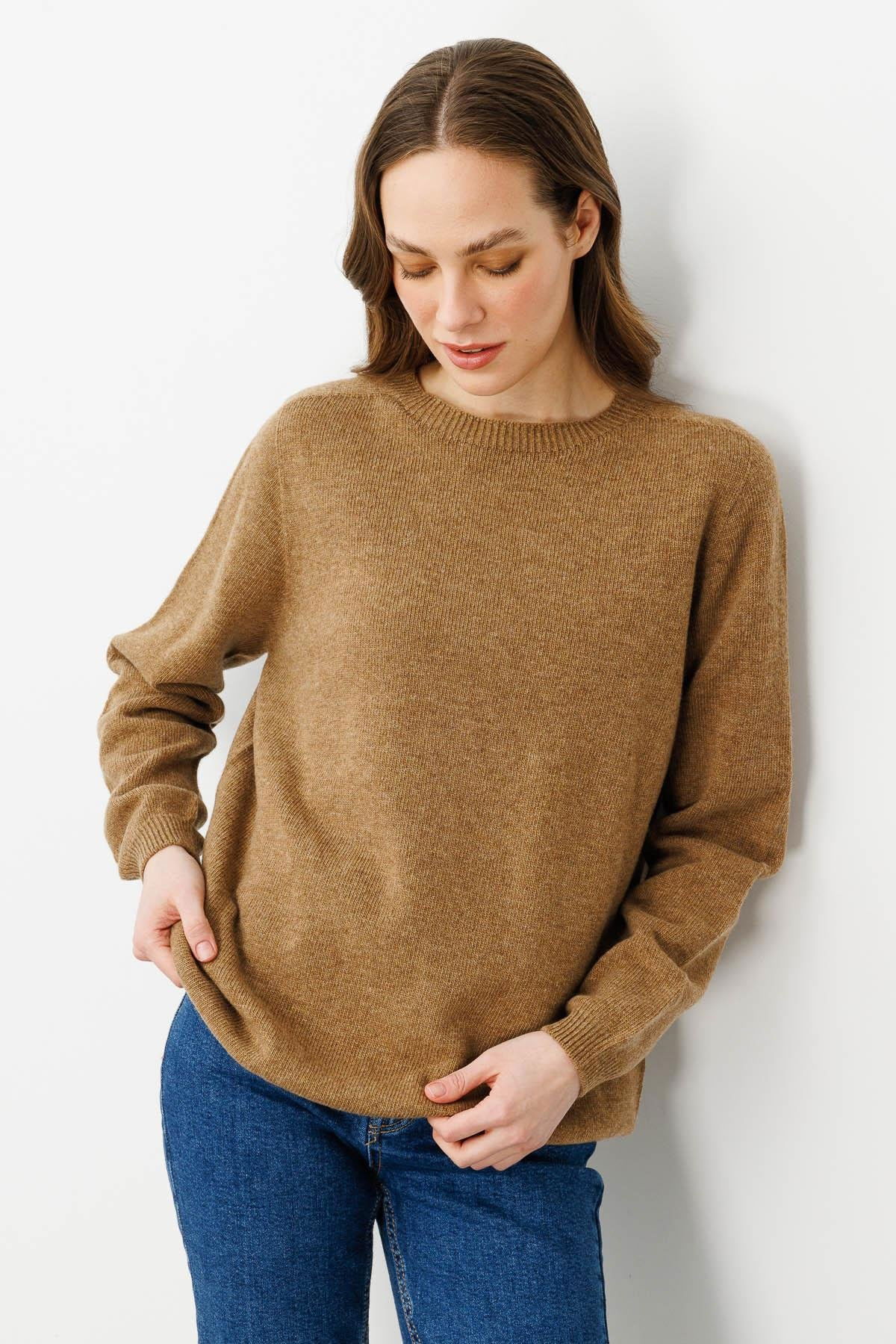 Desen Triko Kadın Sıfır Yaka Klasik Yün Kazak 23163 V. Camel - 3