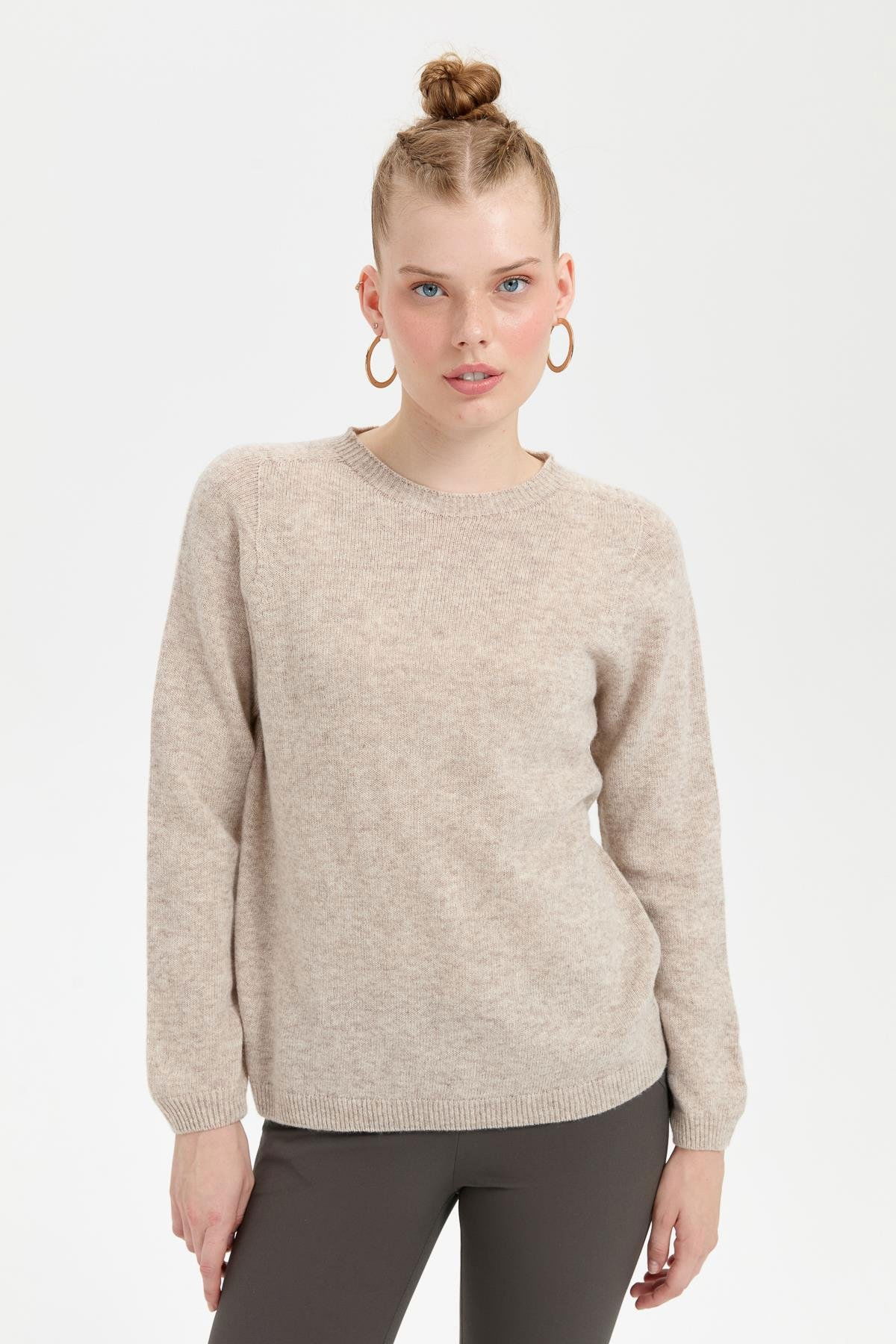 Desen Triko Kadın Sıfır Yaka Klasik Yün Kazak 23163 V.Bej - 1