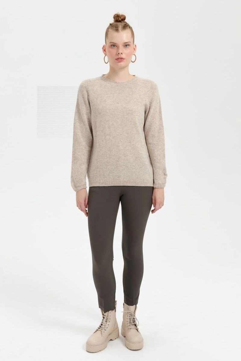 Desen Triko Kadın Sıfır Yaka Klasik Yün Kazak 23163 V.Bej - 2