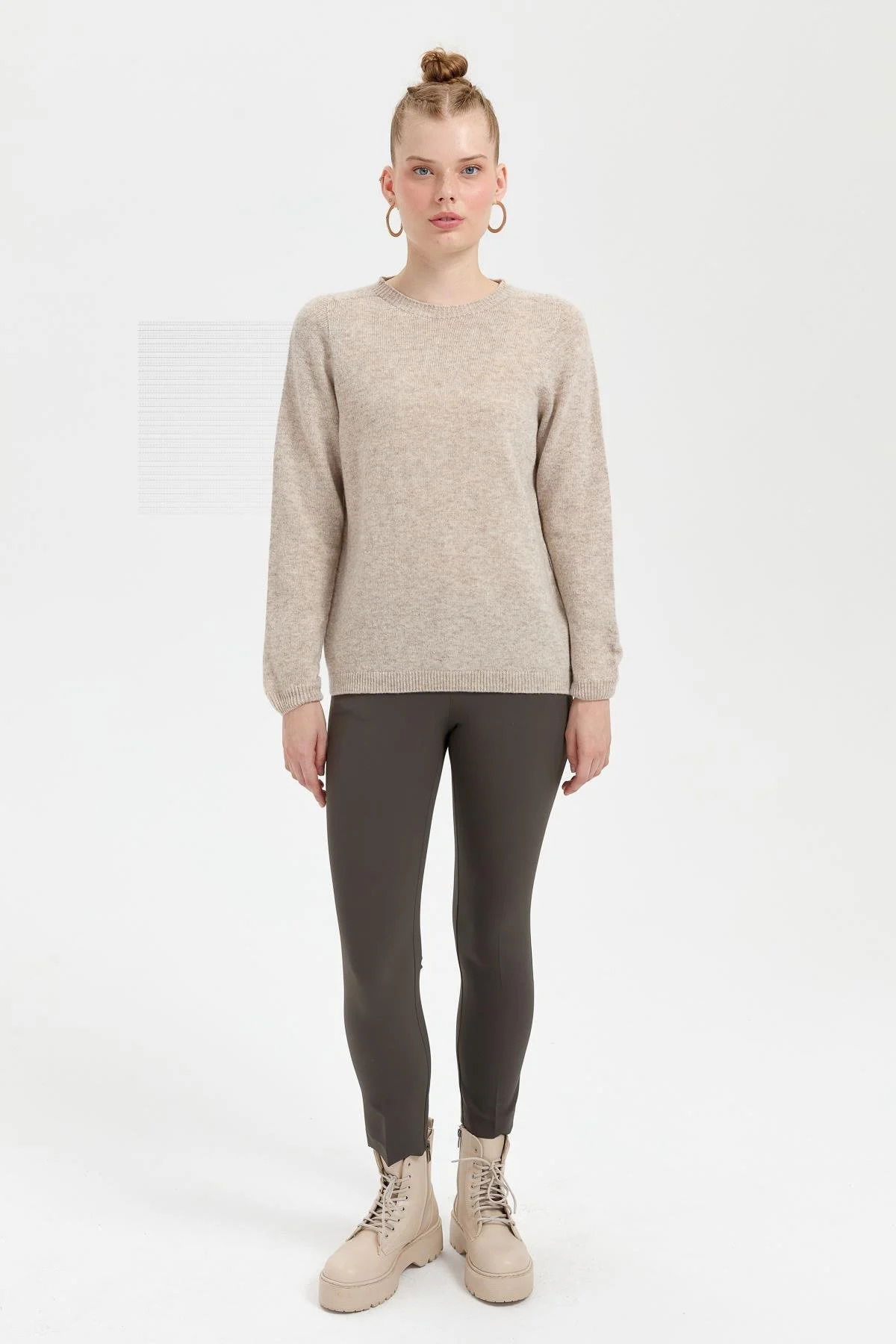 Desen Triko Kadın Sıfır Yaka Klasik Yün Kazak 23163 V.Bej - 2