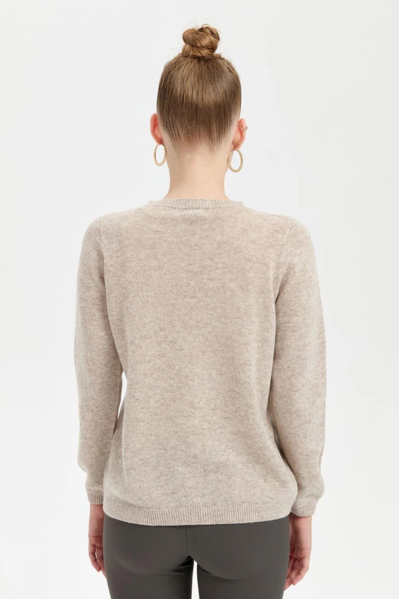 Desen Triko Kadın Sıfır Yaka Klasik Yün Kazak 23163 V.Bej - 4