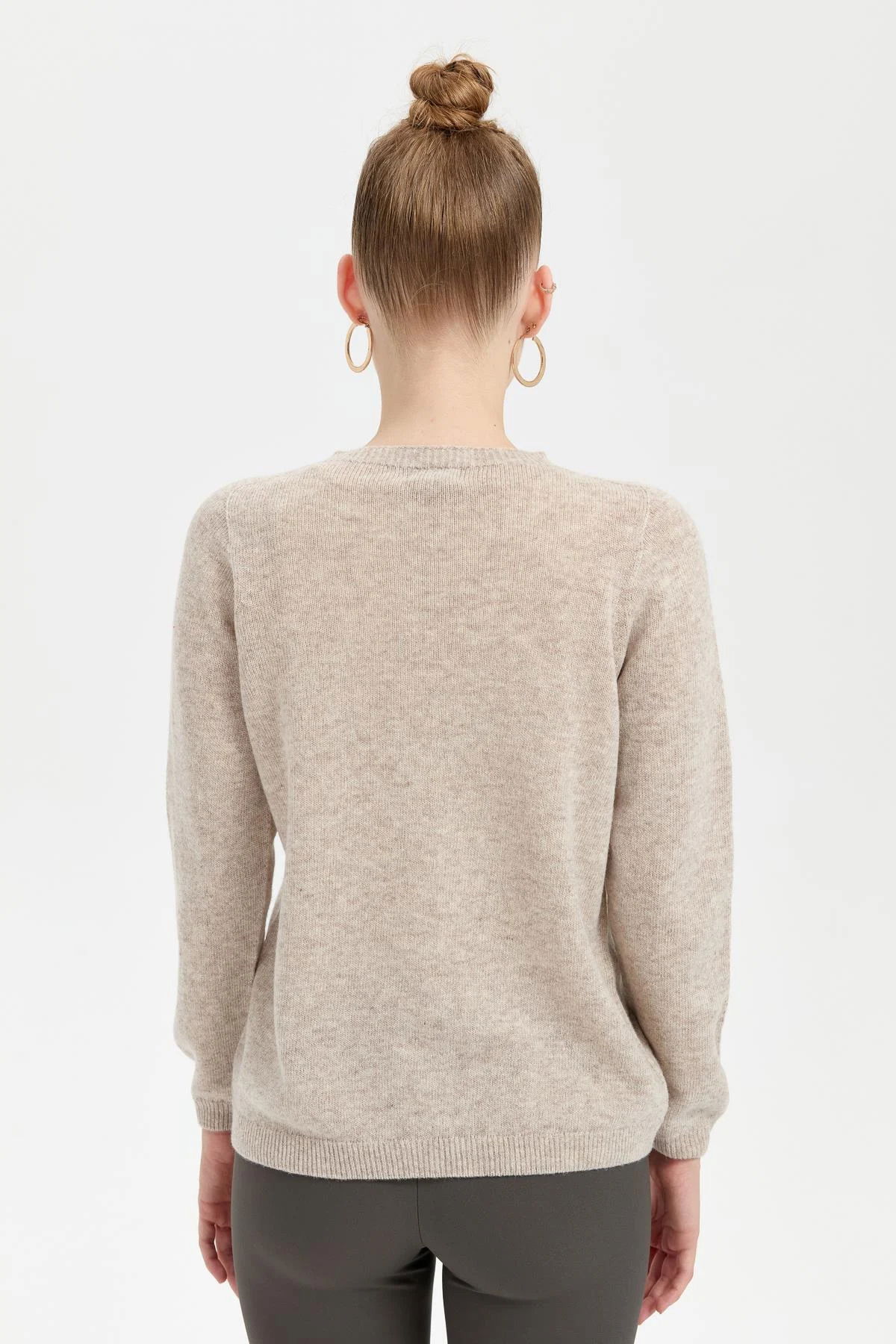 Desen Triko Kadın Sıfır Yaka Klasik Yün Kazak 23163 V.Bej - 4