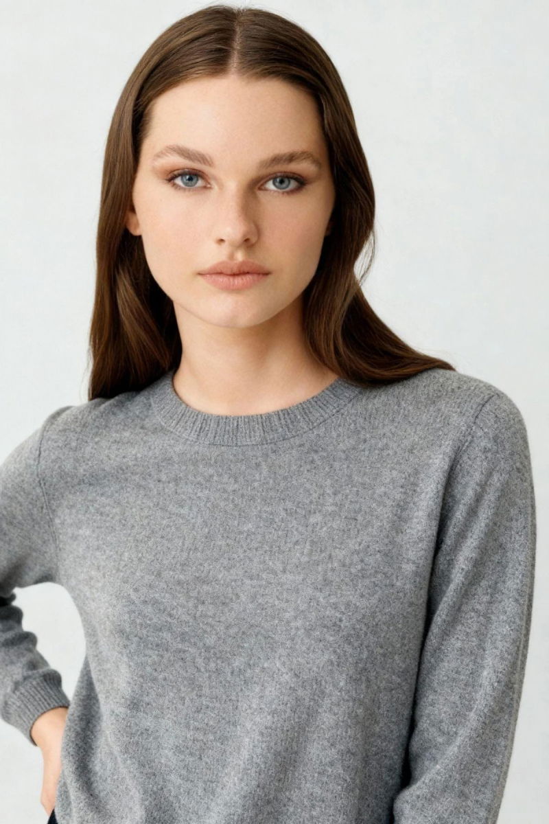 Desen Triko Kadın Sıfır Yaka Klasik Yün Kazak 23163 Y.Füme - Desen Triko