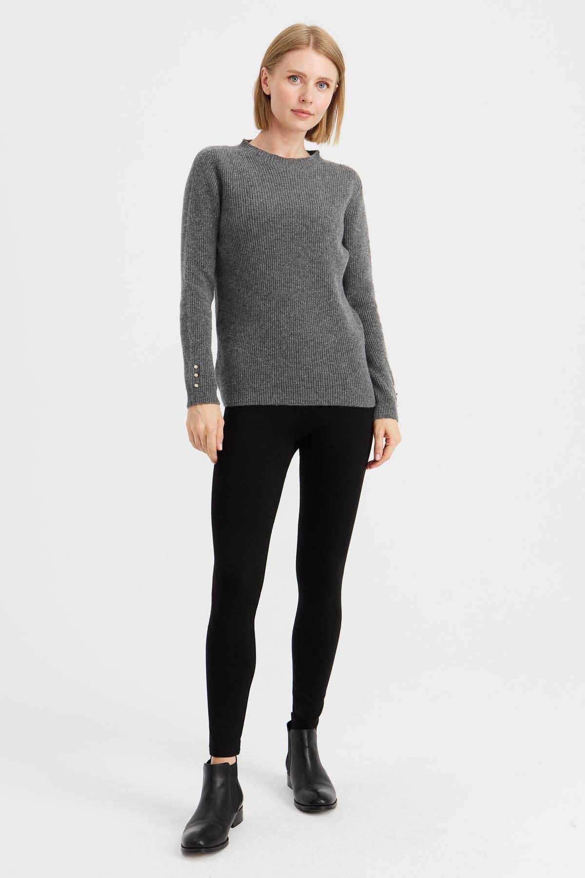 Desen Triko Kadın Sıfır Yaka Kol Ucu Düğmeli Yün Kazak 23158 Füme - 3