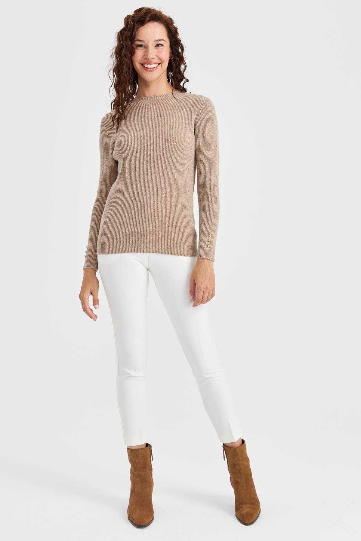 Desen Triko Kadın Sıfır Yaka Kol Ucu Düğmeli Yün Kazak 23158 K. Bej - 2