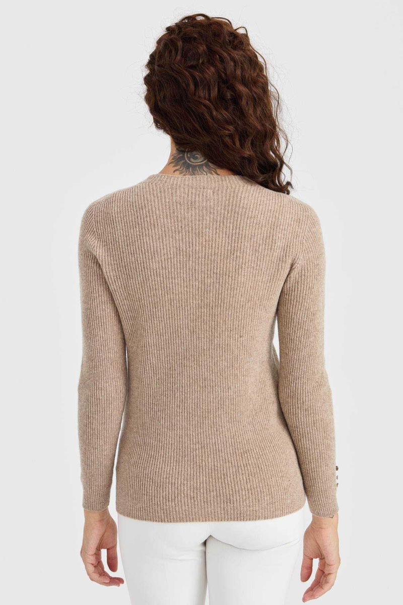 Desen Triko Kadın Sıfır Yaka Kol Ucu Düğmeli Yün Kazak 23158 K. Bej - 4