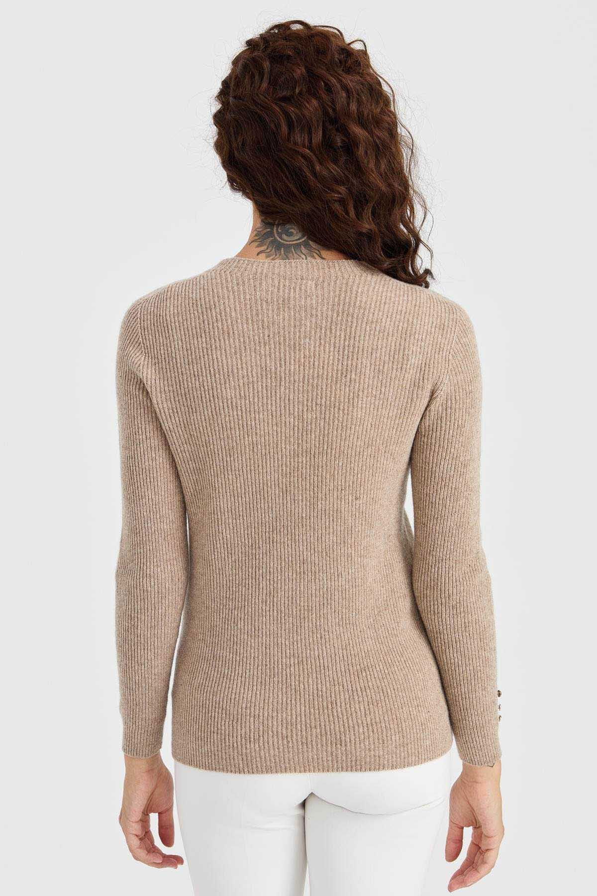 Desen Triko Kadın Sıfır Yaka Kol Ucu Düğmeli Yün Kazak 23158 K. Bej - 4