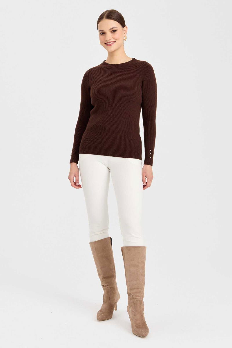 Desen Triko Kadın Sıfır Yaka Kol Ucu Düğmeli Yün Kazak 23158 M.Kahve - 2