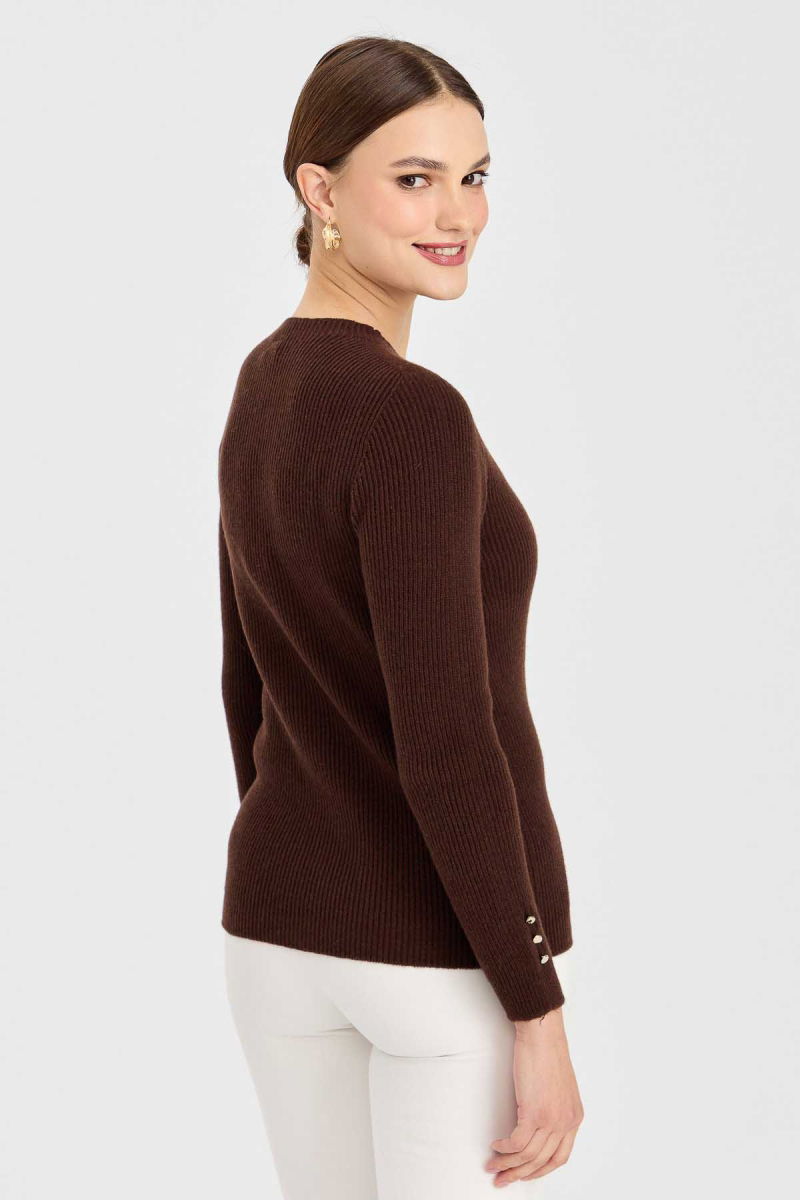 Desen Triko Kadın Sıfır Yaka Kol Ucu Düğmeli Yün Kazak 23158 M.Kahve - 3
