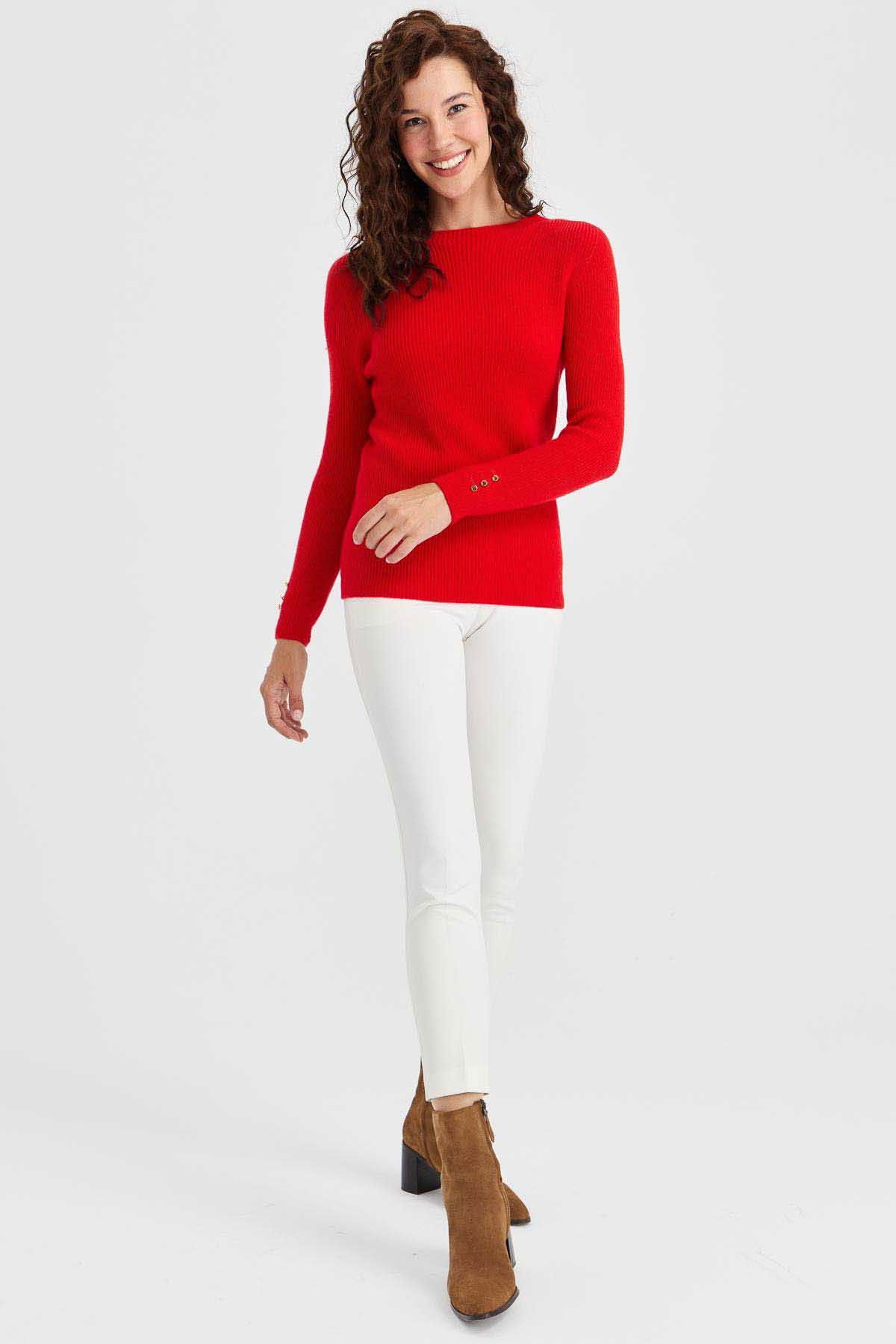 Desen Triko Kadın Sıfır Yaka Kol Ucu Düğmeli Yün Kazak 23158 Mercan - 2