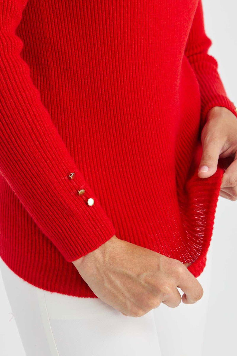 Desen Triko Kadın Sıfır Yaka Kol Ucu Düğmeli Yün Kazak 23158 Mercan - 3