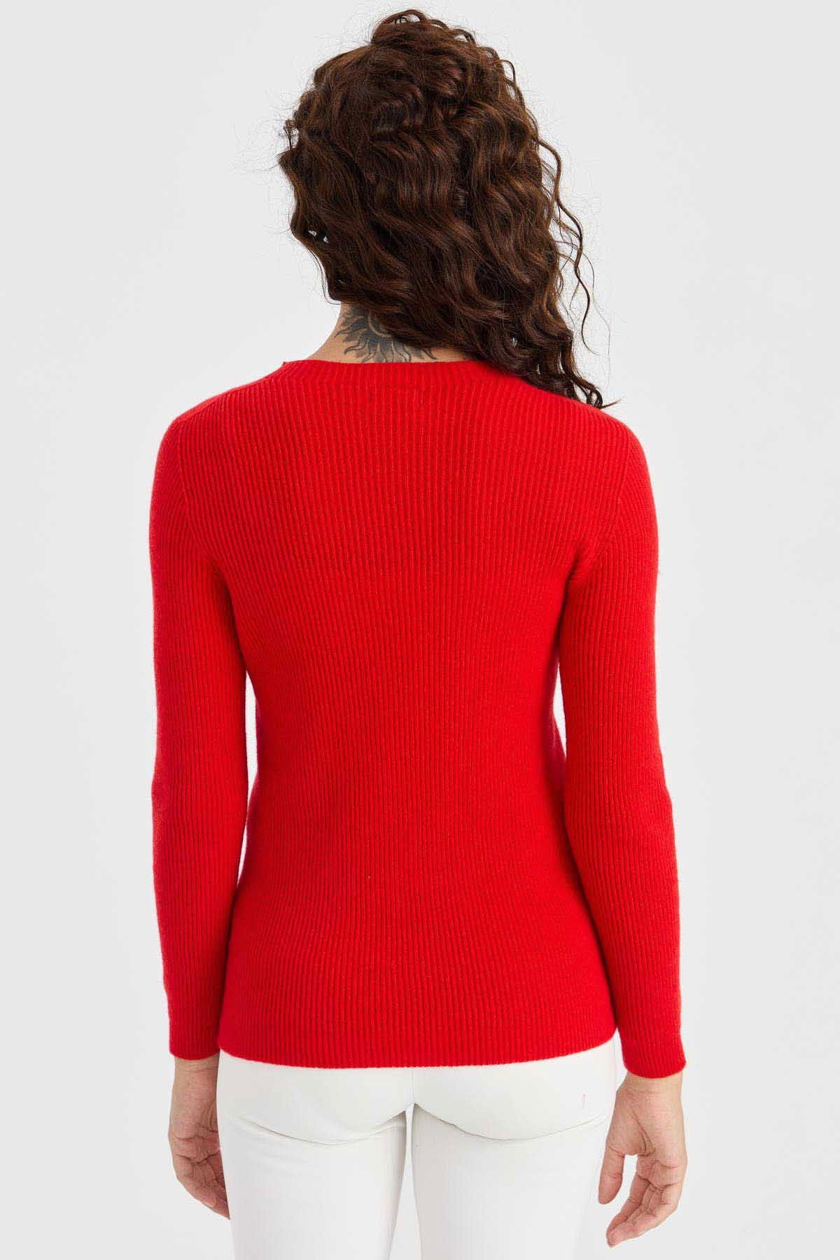 Desen Triko Kadın Sıfır Yaka Kol Ucu Düğmeli Yün Kazak 23158 Mercan - 5