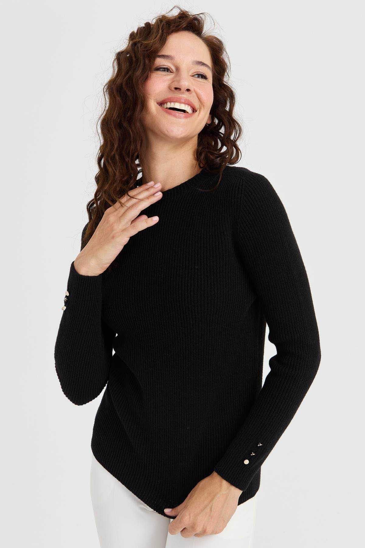 Desen Triko Kadın Sıfır Yaka Kol Ucu Düğmeli Yün Kazak 23158 Siyah - 1