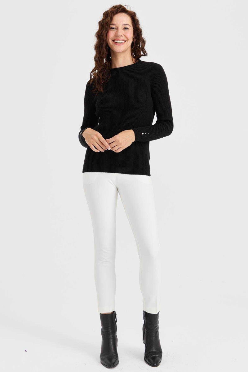 Desen Triko Kadın Sıfır Yaka Kol Ucu Düğmeli Yün Kazak 23158 Siyah - 2