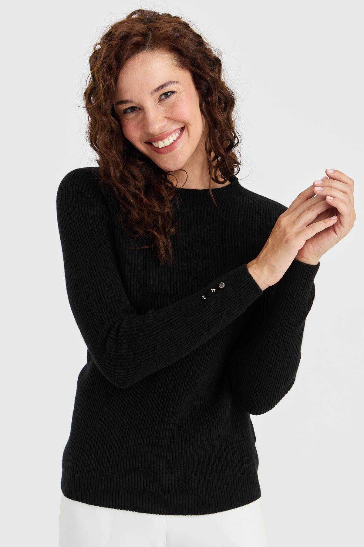 Desen Triko Kadın Sıfır Yaka Kol Ucu Düğmeli Yün Kazak 23158 Siyah - 3