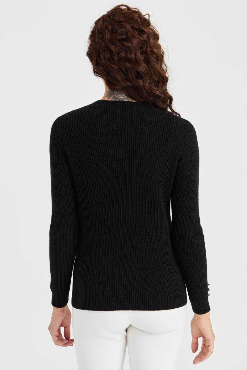 Desen Triko Kadın Sıfır Yaka Kol Ucu Düğmeli Yün Kazak 23158 Siyah - 4