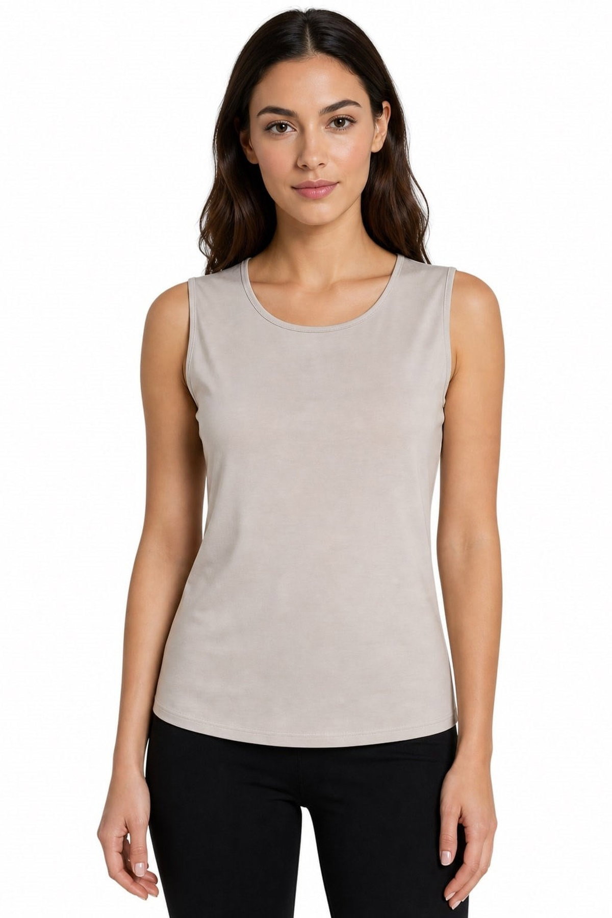 Desen Triko Kadın Sıfır Yaka Kolsuz Penye T-Shirt 26843 Bej - 1