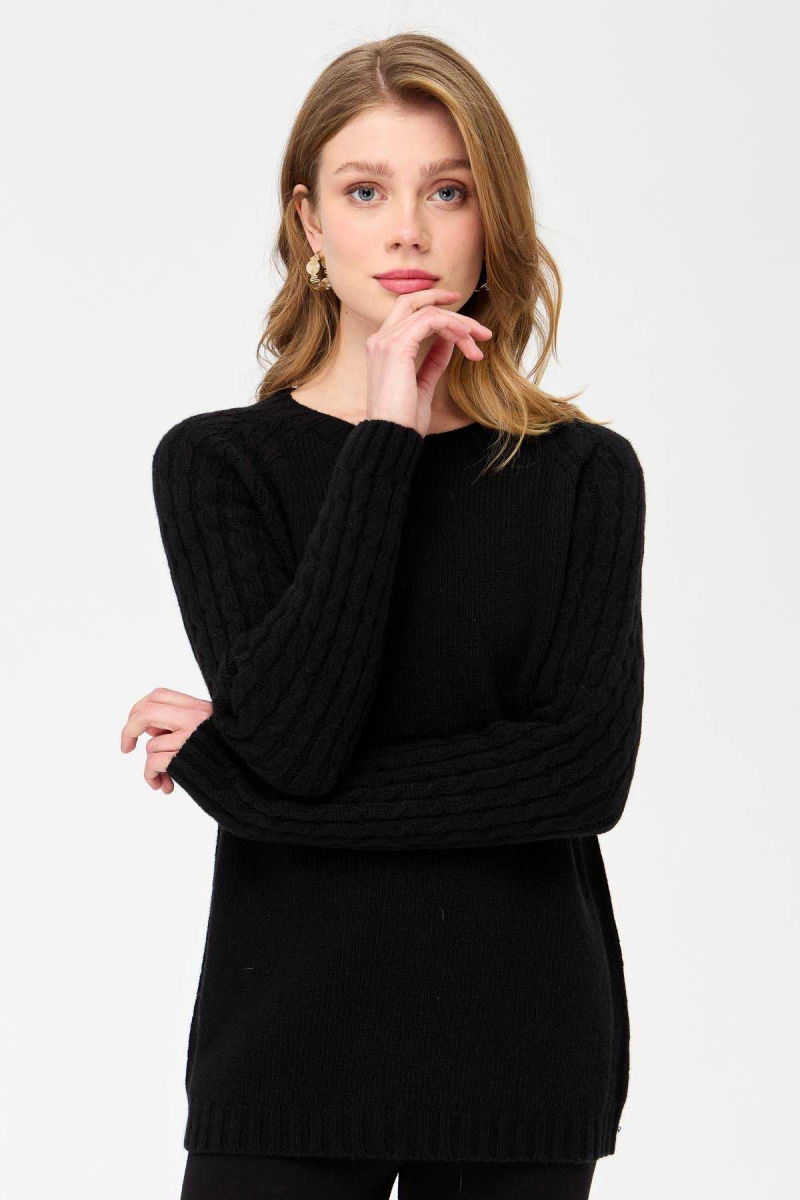 Desen Triko Kadın Sıfır Yaka Kolu Saç Örgü Yün Kazak 23201 Siyah - Desen Triko