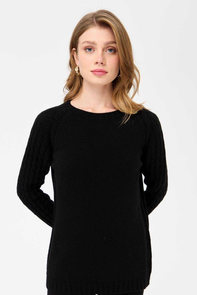 Desen Triko Kadın Sıfır Yaka Kolu Saç Örgü Yün Kazak 23201 Siyah - 2