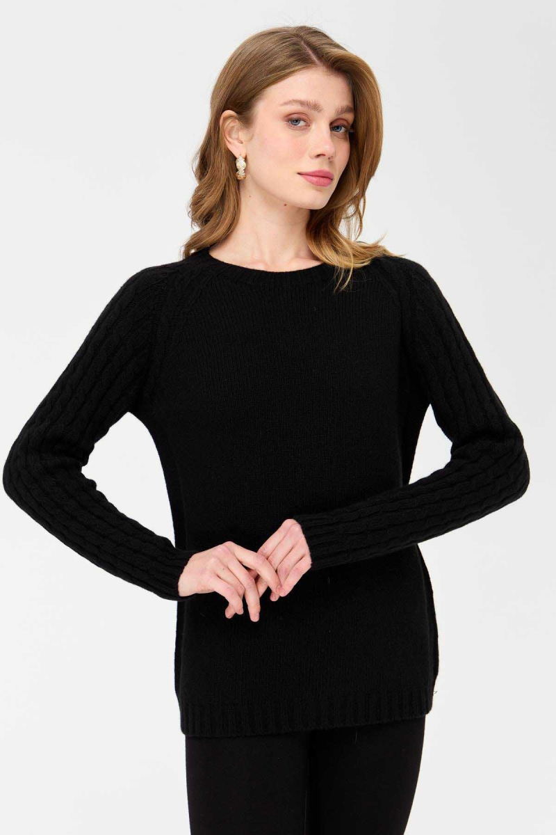 Desen Triko Kadın Sıfır Yaka Kolu Saç Örgü Yün Kazak 23201 Siyah - 3