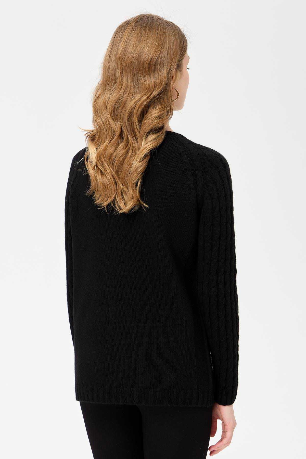 Desen Triko Kadın Sıfır Yaka Kolu Saç Örgü Yün Kazak 23201 Siyah - 4