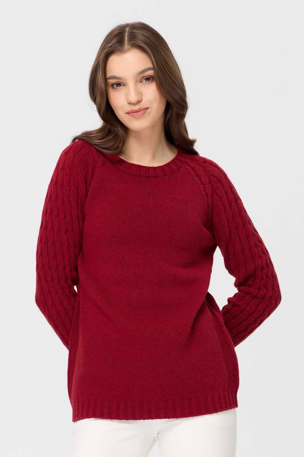 Desen Triko Kadın Sıfır Yaka Kolu Saç Örgü Yün Kazak 23201 V.Kırmızı - 1