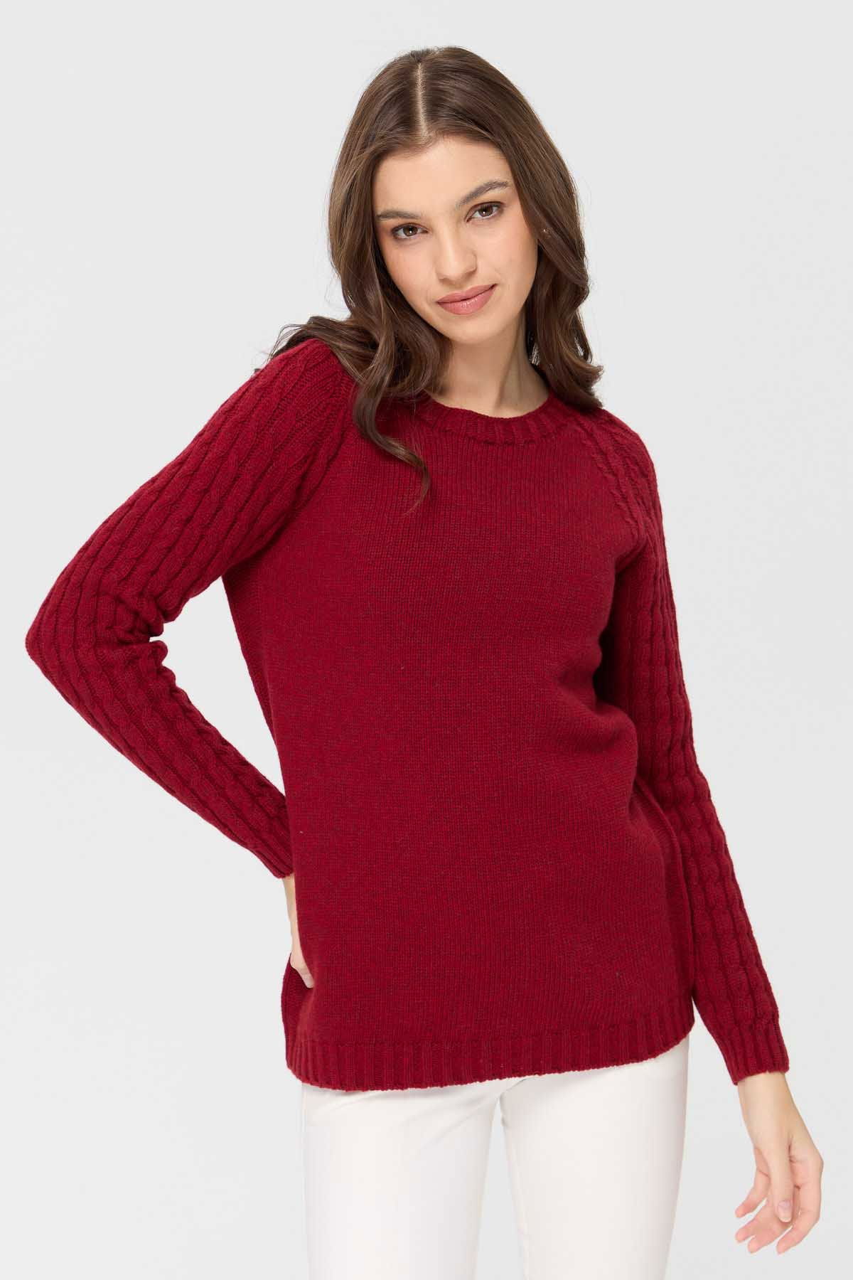 Desen Triko Kadın Sıfır Yaka Kolu Saç Örgü Yün Kazak 23201 V.Kırmızı - 3