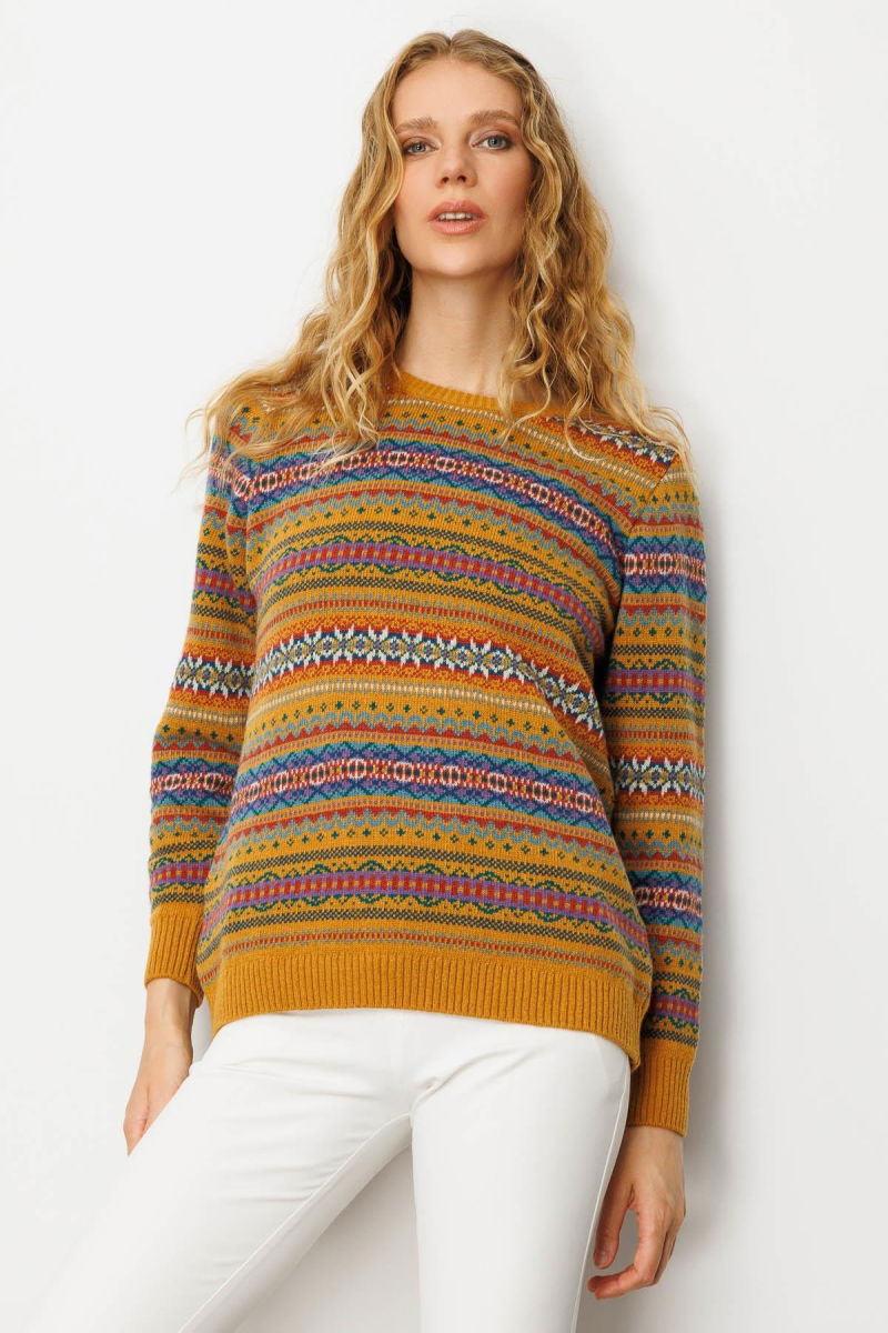 Desen Triko Kadın Sıfır Yaka Komple Jakarlı Yün Kazak 25100 Hardal - 2