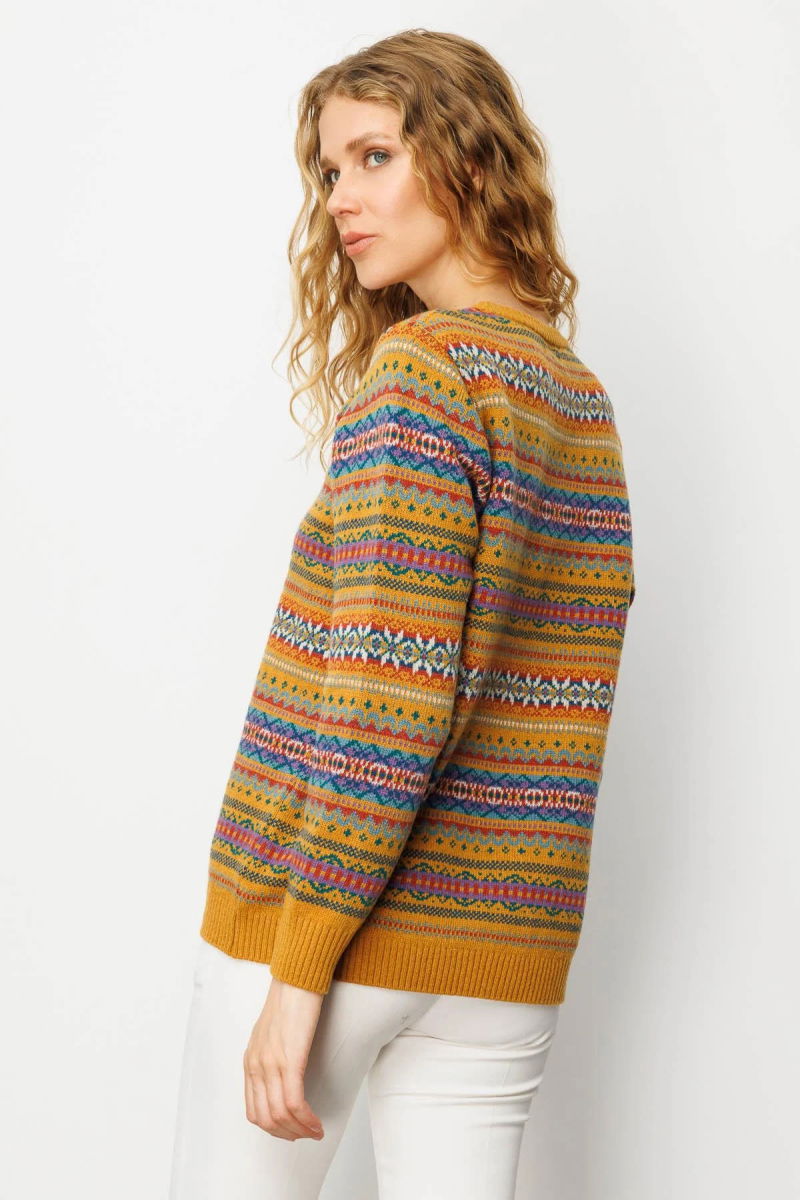 Desen Triko Kadın Sıfır Yaka Komple Jakarlı Yün Kazak 25100 Hardal - 4
