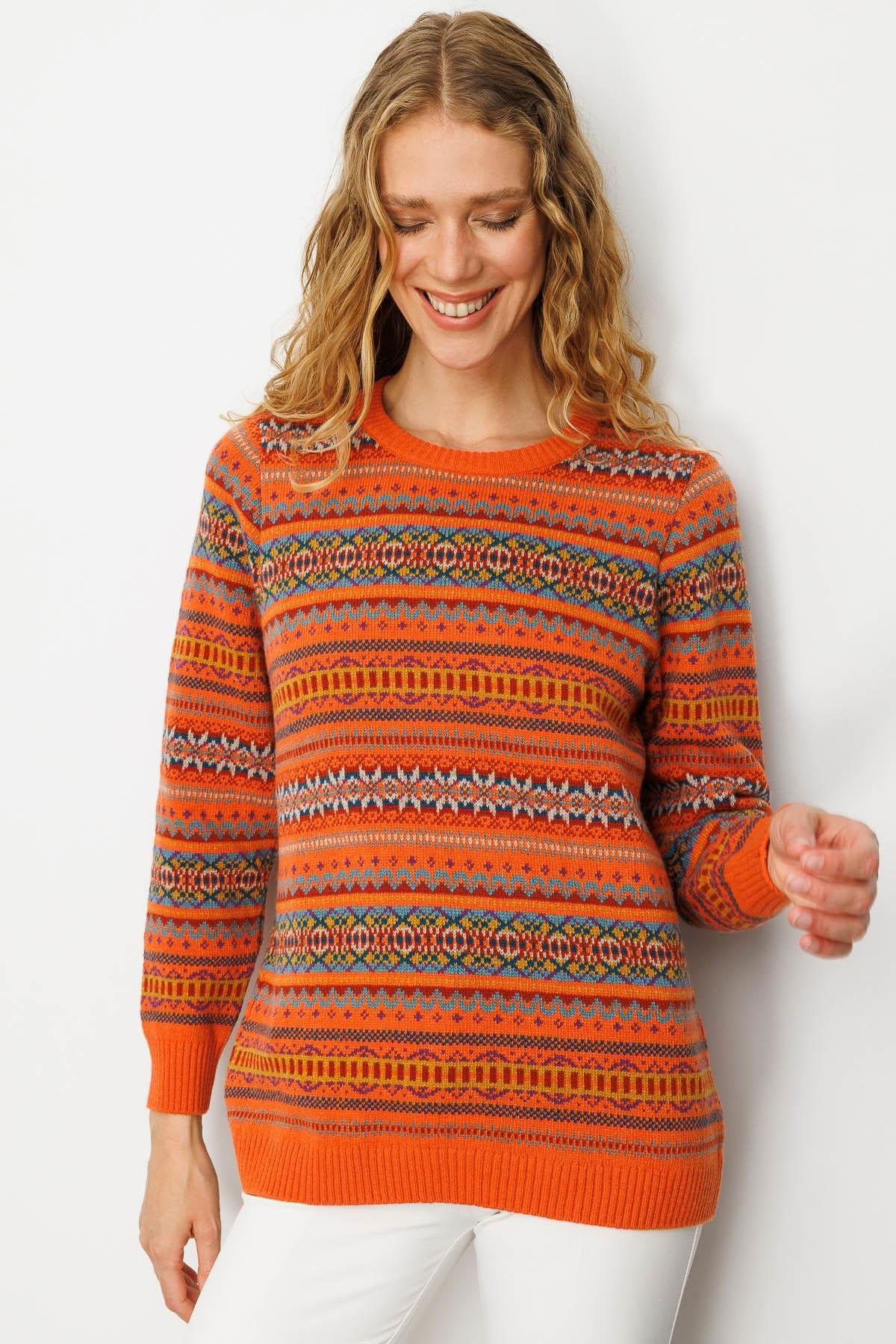 Desen Triko Kadın Sıfır Yaka Komple Jakarlı Yün Kazak 25100 Portakal - 1