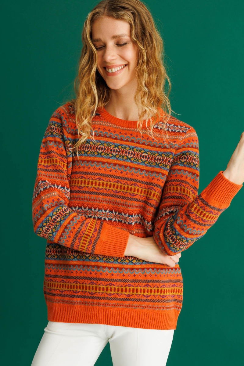 Desen Triko Kadın Sıfır Yaka Komple Jakarlı Yün Kazak 25100 Portakal - 2