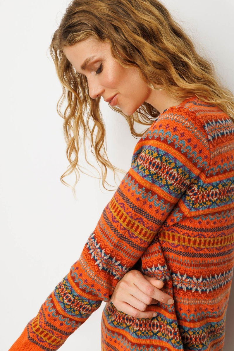 Desen Triko Kadın Sıfır Yaka Komple Jakarlı Yün Kazak 25100 Portakal - 3